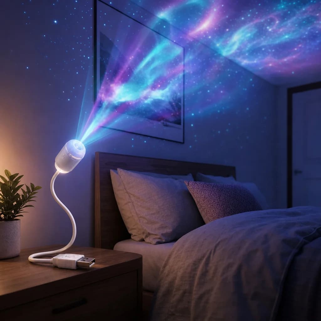 Bedroom ceiling filled with galaxy stars and aurora light